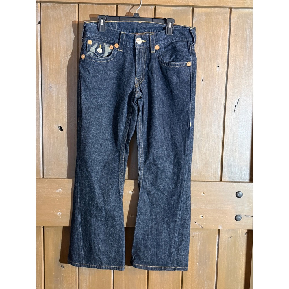 True Religion World Tour Joey Bootcut Jeans Mens 33x30 Dark Wash Flap Pocket USA